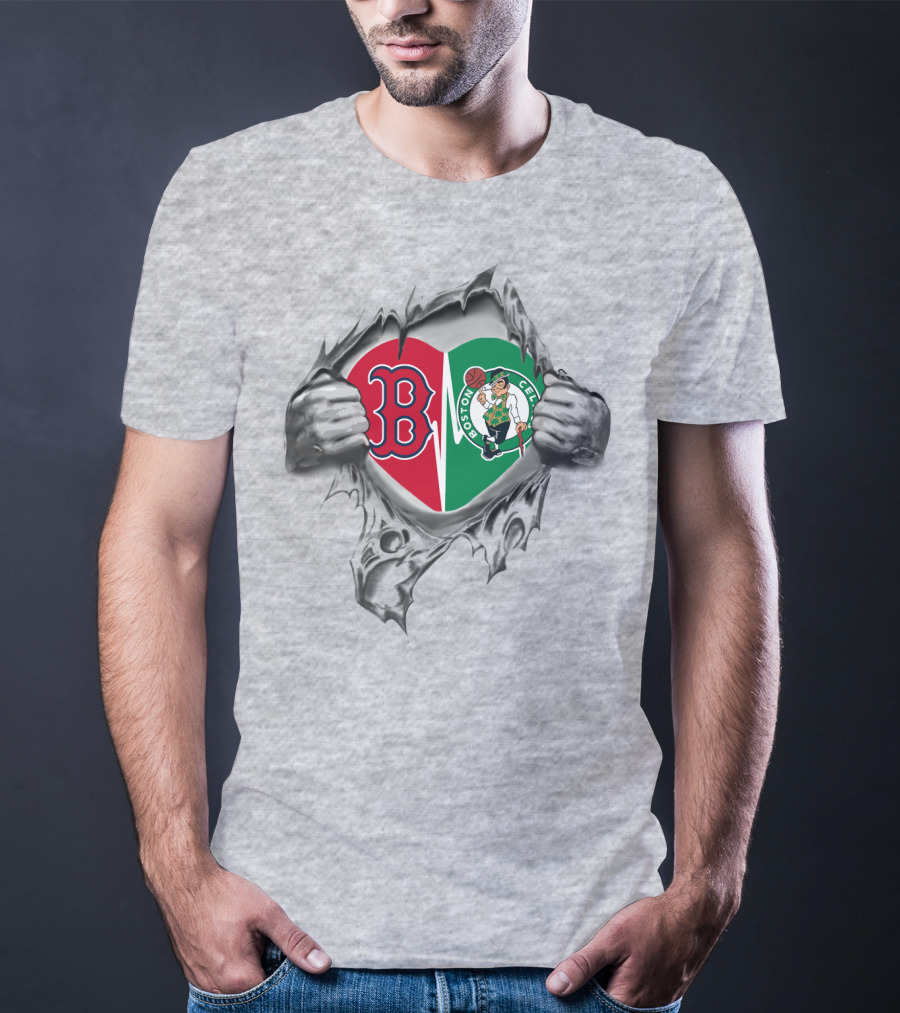 Red Sox Celtics Boston Pride Heart Torn Open Logo Fusion T-Shirt