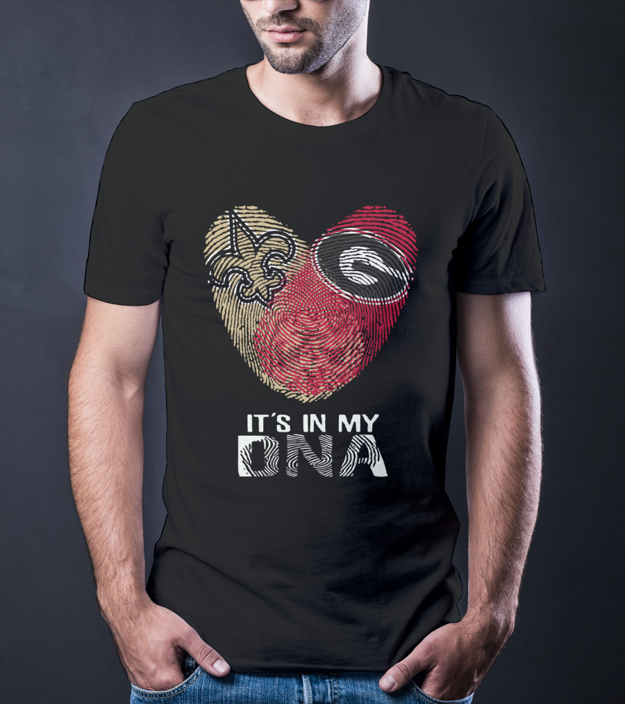 Saints Bulldogs It's In My DNA Fleur-de-Lis And Georgia Logo Fingerprint Heart T-Shirt