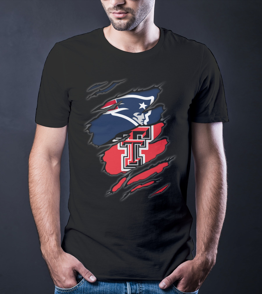 Patriots And Texas Tech Dual Logo Ripped T-Shirt
