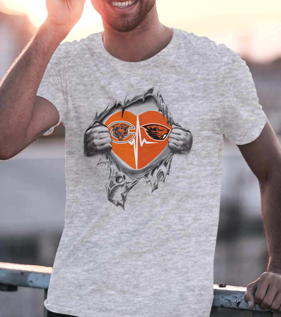 Chicago Bears Oregon State Beavers Heartbeat Loyalty Peel-Off Effect T-Shirt