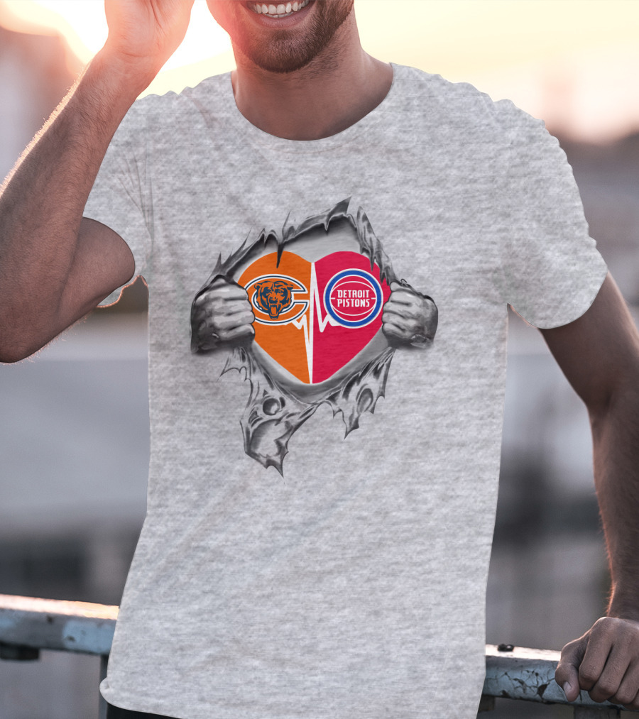 Chicago Bears Detroit Pistons Heart Logo Fusion T-Shirt