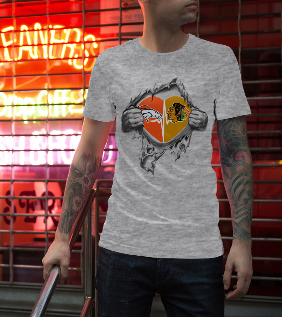 Broncos Blackhawks Heart Logos Torn Metal Effect T-Shirt