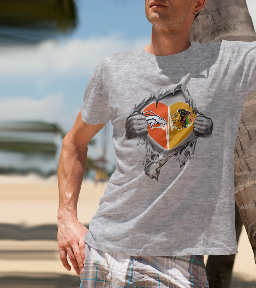 Broncos Blackhawks Heart Logos Torn Metal Effect T-Shirt