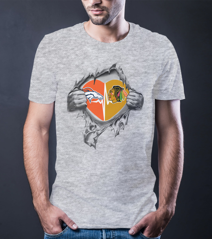 Broncos Blackhawks Heart Logos Torn Metal Effect T-Shirt