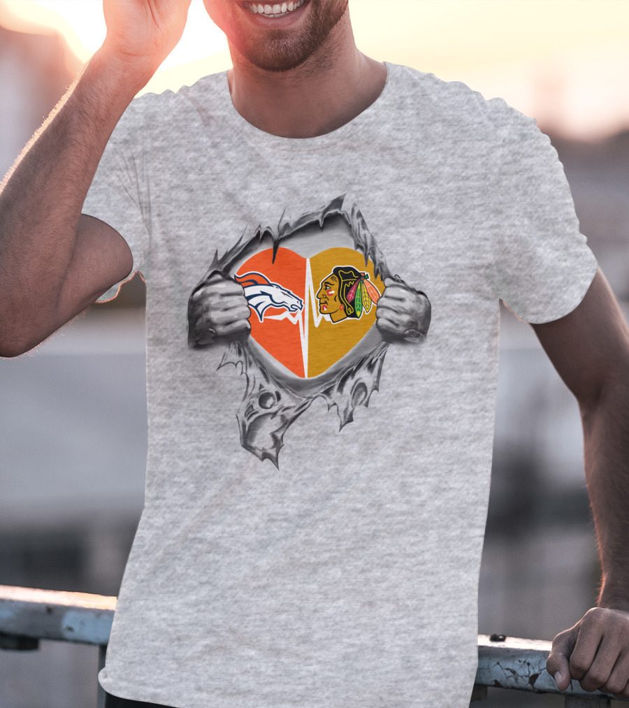 Broncos Blackhawks Heart Logos Torn Metal Effect T-Shirt