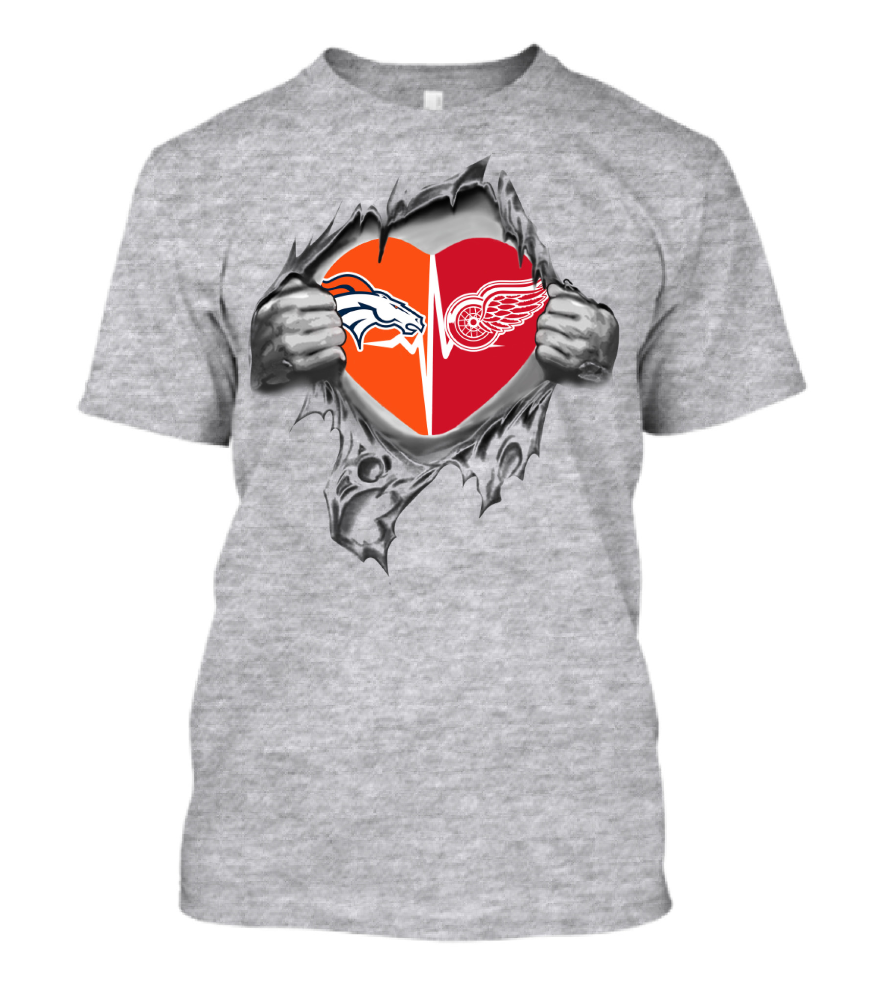 Broncos Red Wings Heart Graphic With Logos In Silver Hands T-Shirt