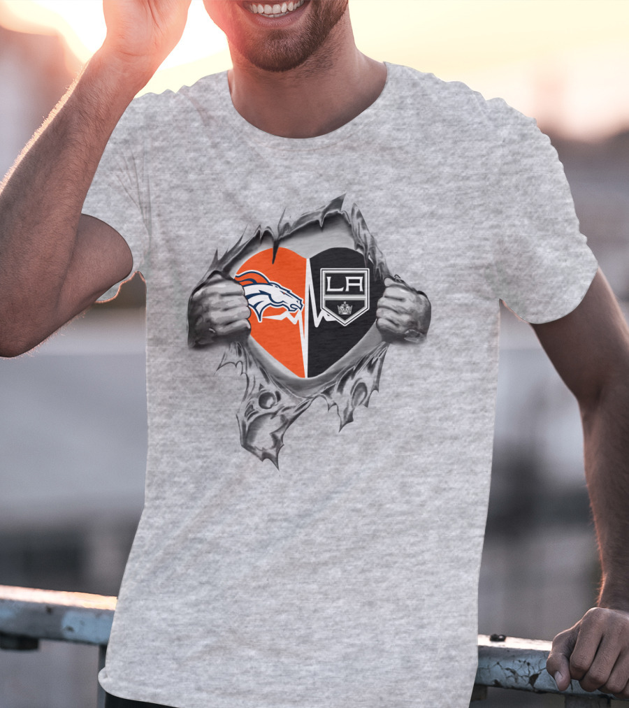 Broncos La Kings Heart Ripped Surface Peeking Through Logos T-Shirt
