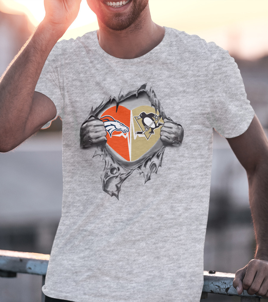 Denver Broncos Pittsburgh Penguins Heart Torn Open T-Shirt