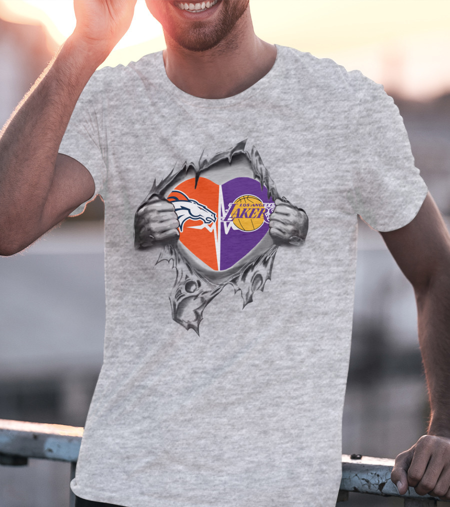 Broncos Lakers Heart With Iconic Logos And Hands Tearing Passionately T-Shirt