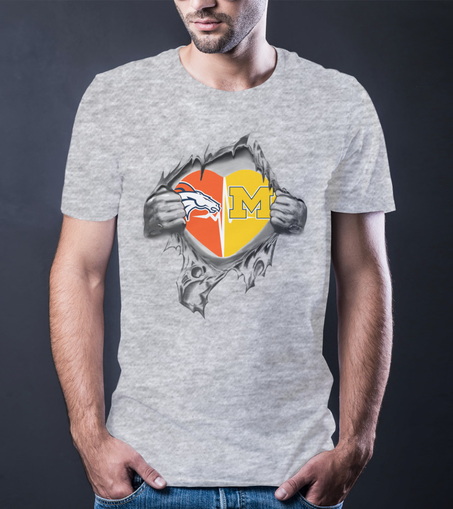 Broncos Michigan Heart Logo Tearing Dual Team Pride T-Shirt