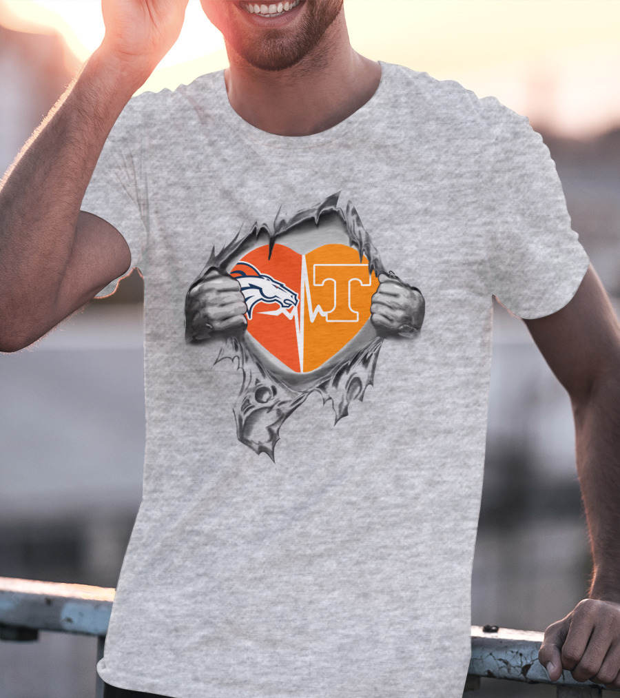 Broncos Horse Tennessee T Heart Logo Split With Hands And Rip Effect T-Shirt