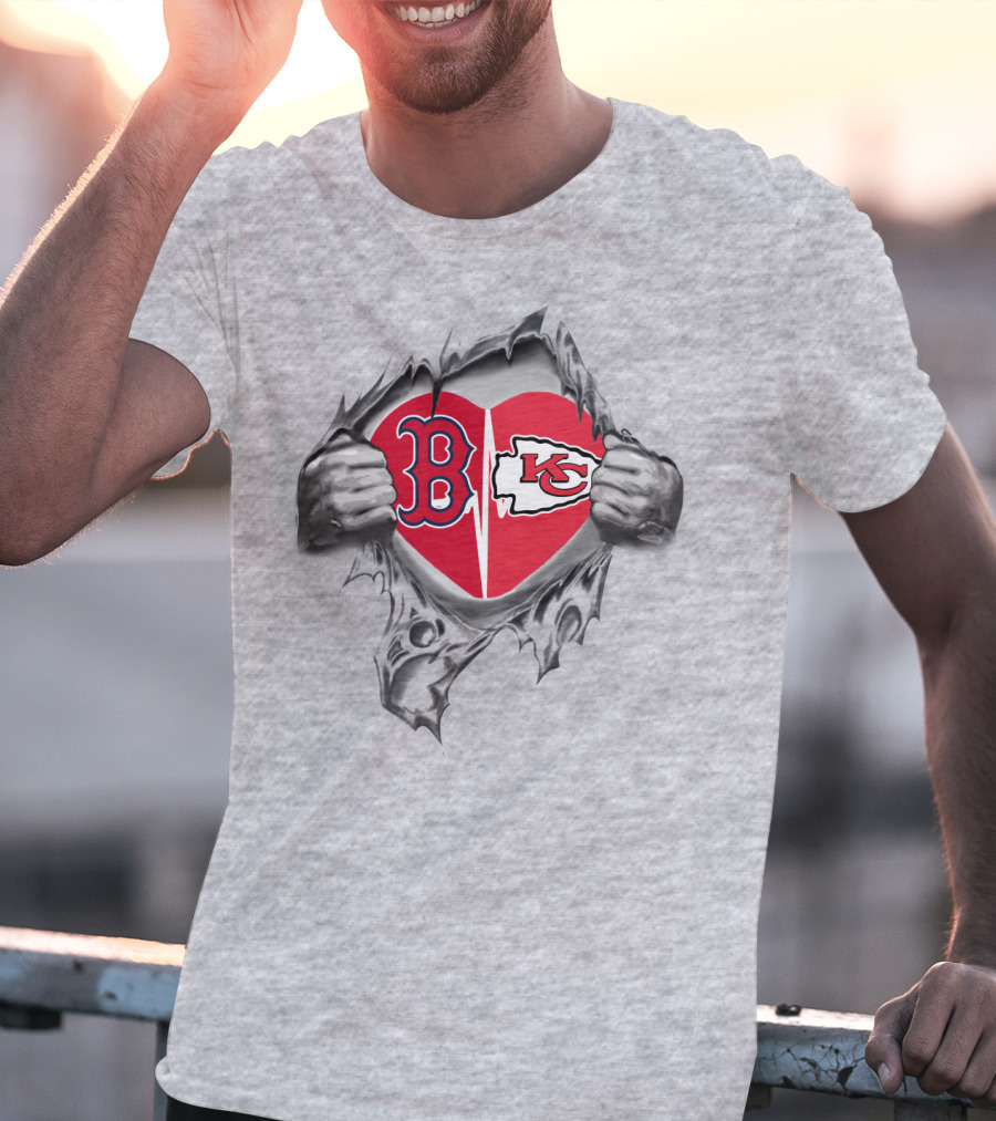 Red Sox And Chiefs Heart Torn Open With B And Kc Logos T-Shirt