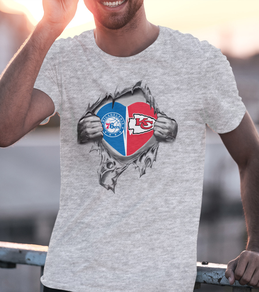 Philadelphia 76ers And Kansas City Chiefs Heart Logo Combination T-Shirt