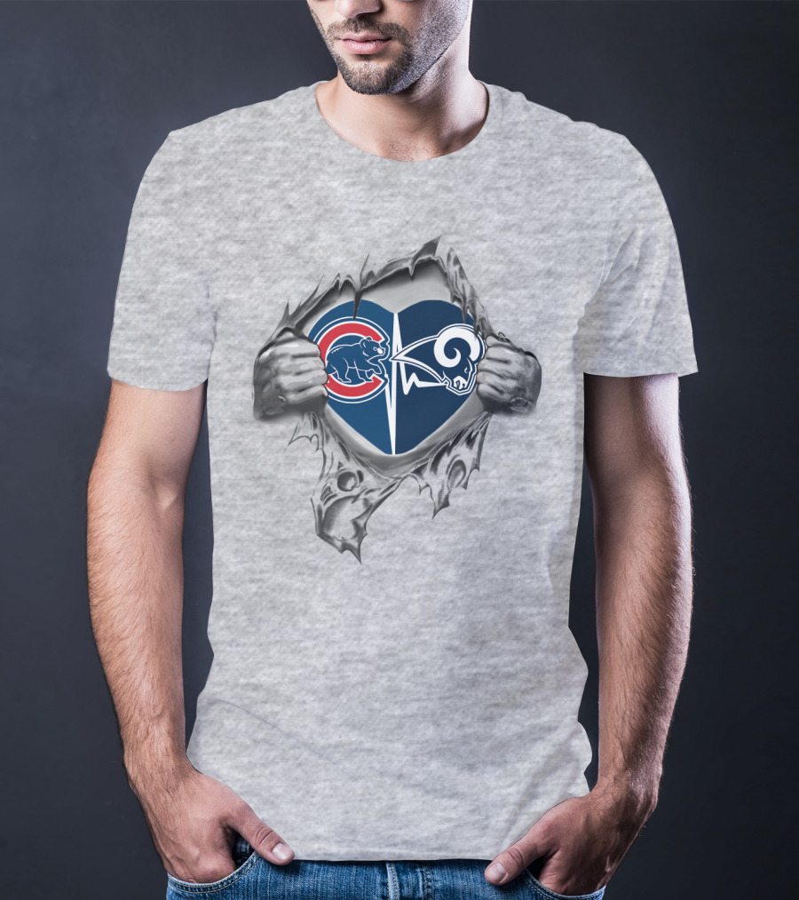 Cubs Rams Heart Logos Torn Hands With Chicago Cubs St. Louis Rams T-Shirt
