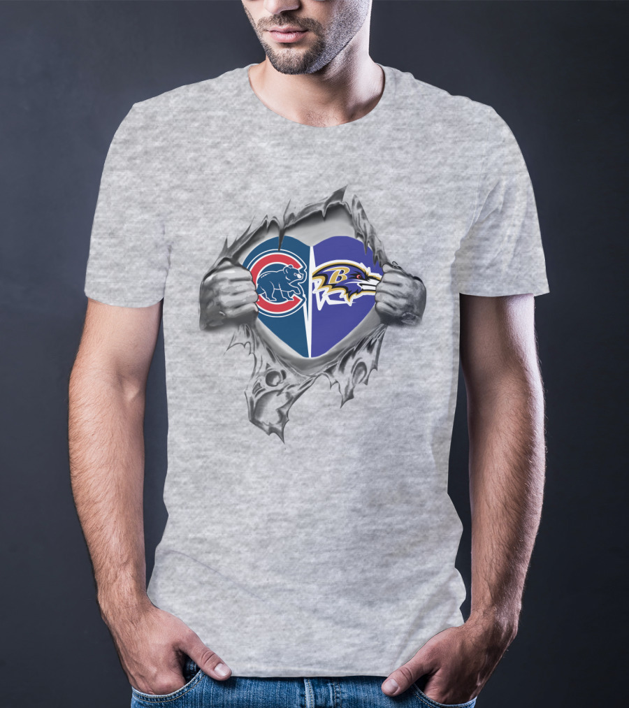 Cubs Ravens Heart Symbol Logo Collaboration Peeling Effect T-Shirt