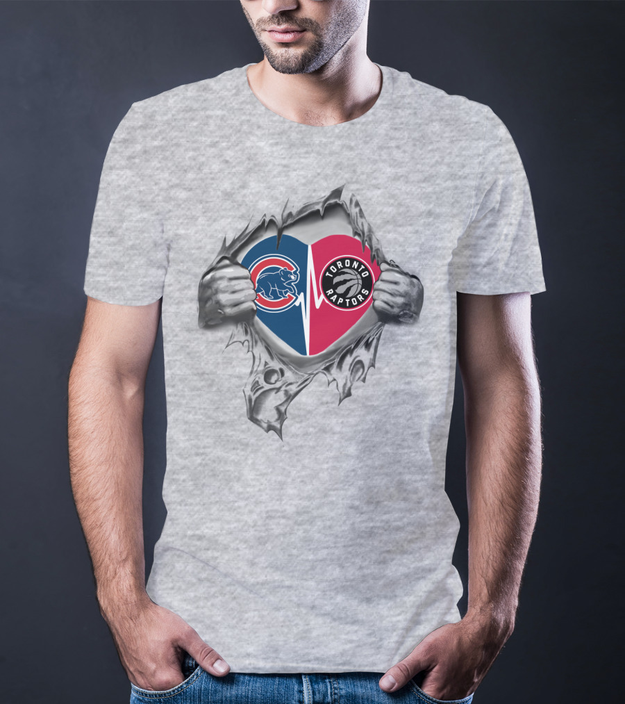 Cubs Raptors Heart Iconic Logos On Torn Background T-Shirt