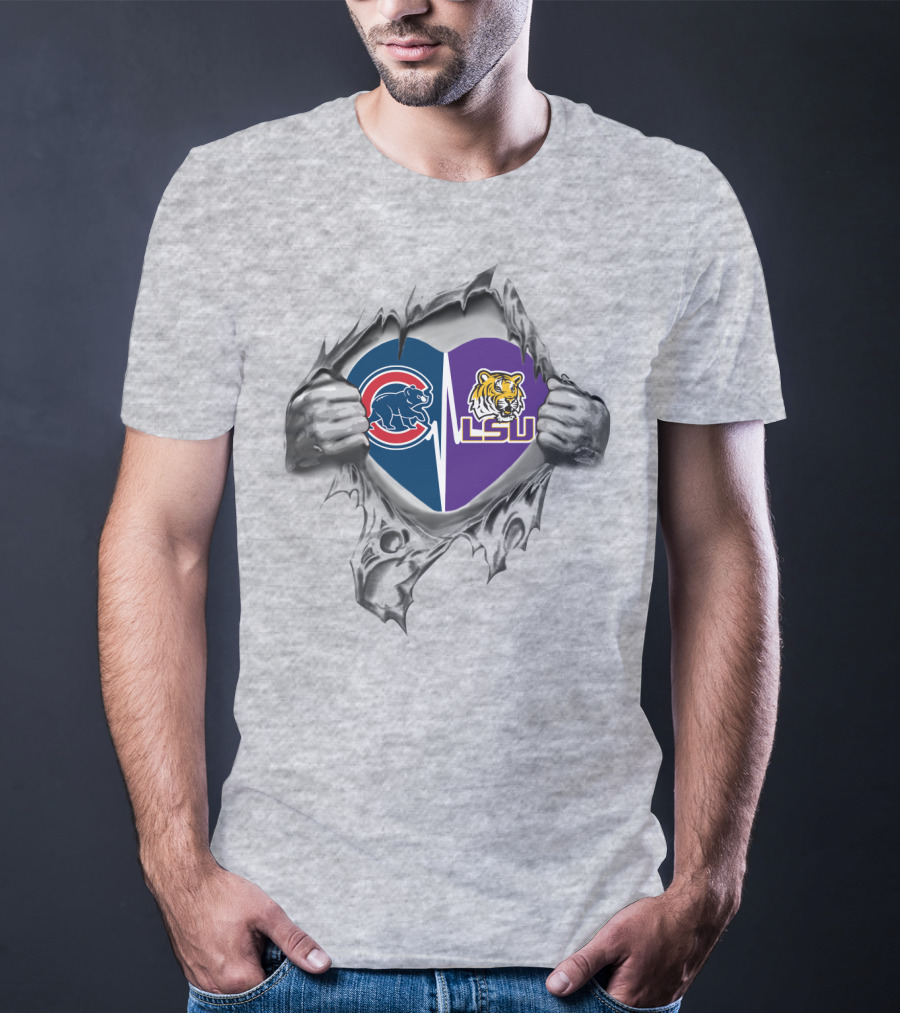 Cubs LSU Tigers Heart Design With Torn Background T-Shirt