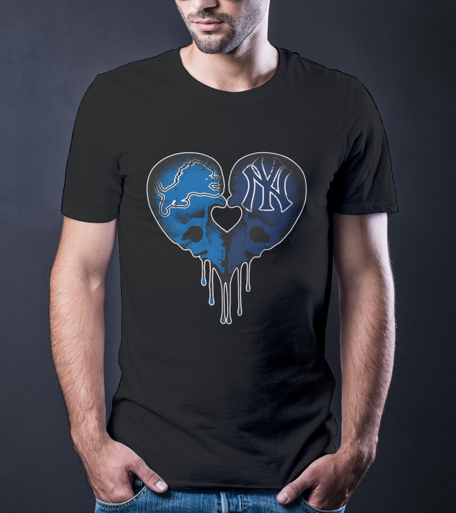 Detroit Lions New York Yankees Skull Heart Fusion T-Shirt