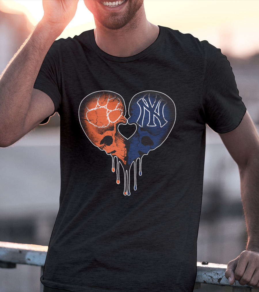 Clemson Tigers Skull And Yankees Skull Heart Love T-Shirt