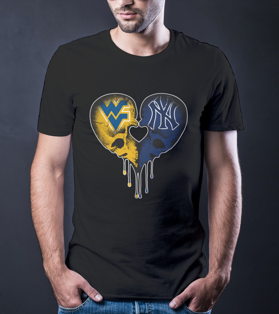 West Virginia Yankees Skull Heart WVU NY Logo Fusion Love T-Shirt