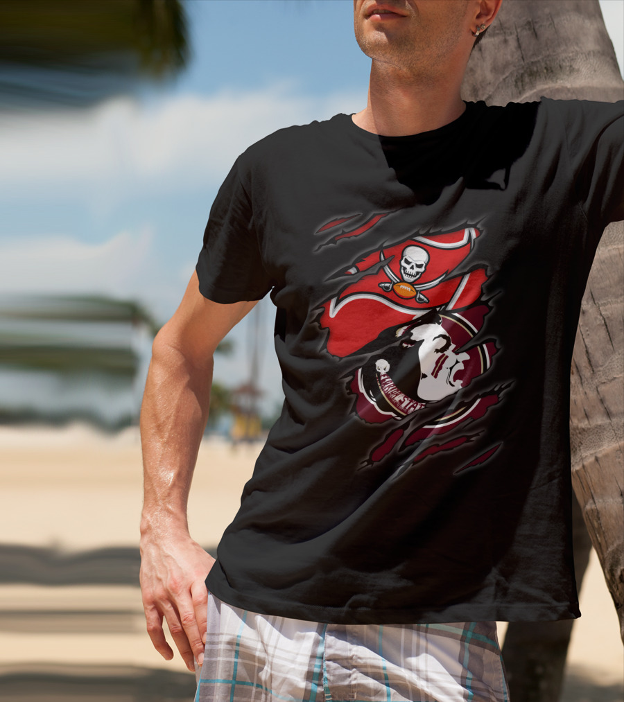 Buccaneers Seminoles Torn Logos Featuring Skull Pirate And Warrior Head T-Shirt