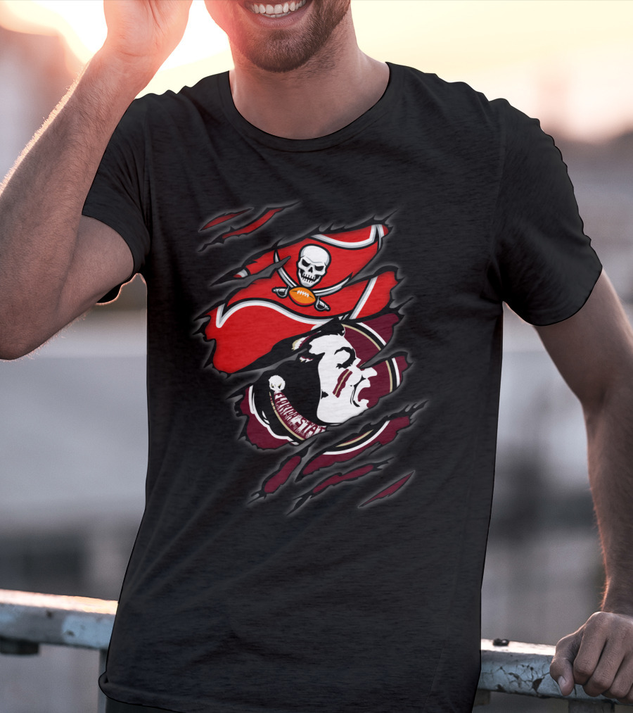 Buccaneers Seminoles Torn Logos Featuring Skull Pirate And Warrior Head T-Shirt