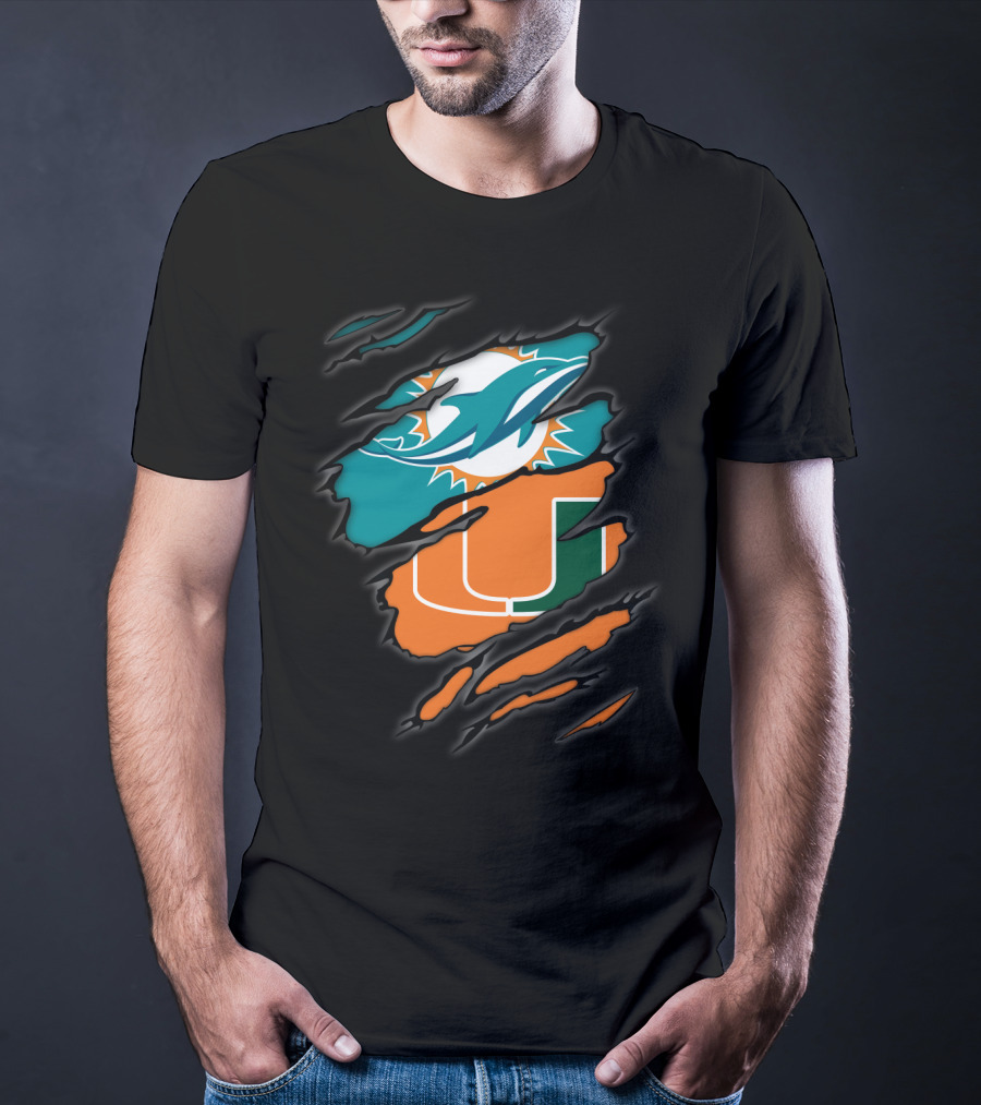Miami Dolphins Miami Hurricanes Logo Fusion T-Shirt