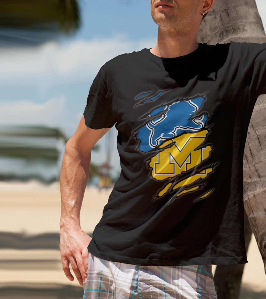 Detroit Lions Michigan Wolverines Football Fan Logo Crossover T-Shirt