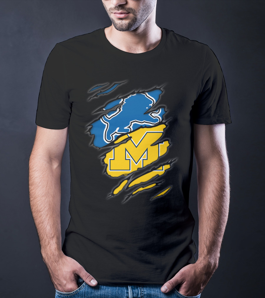 Detroit Lions Michigan Wolverines Football Fan Logo Crossover T-Shirt