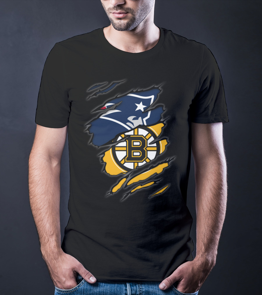 Patriots Bruins Torn Team Fusion New England Boston Sports Logos T-Shirt