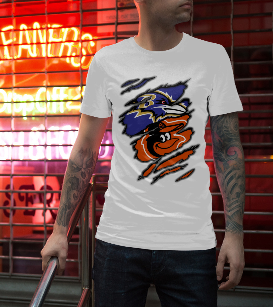 Baltimore Ravens Orioles Logos Ripped T-Shirt