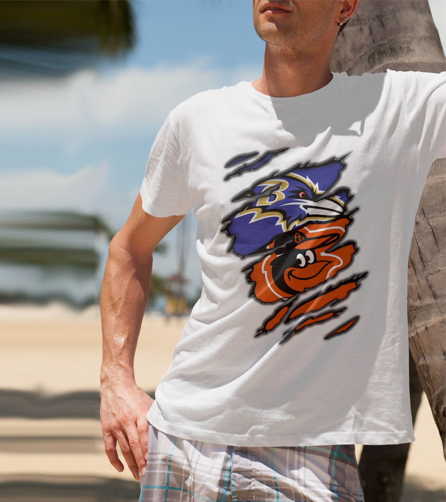Baltimore Ravens Orioles Logos Ripped T-Shirt