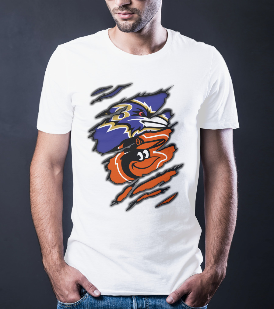 Baltimore Ravens Orioles Logos Ripped T-Shirt