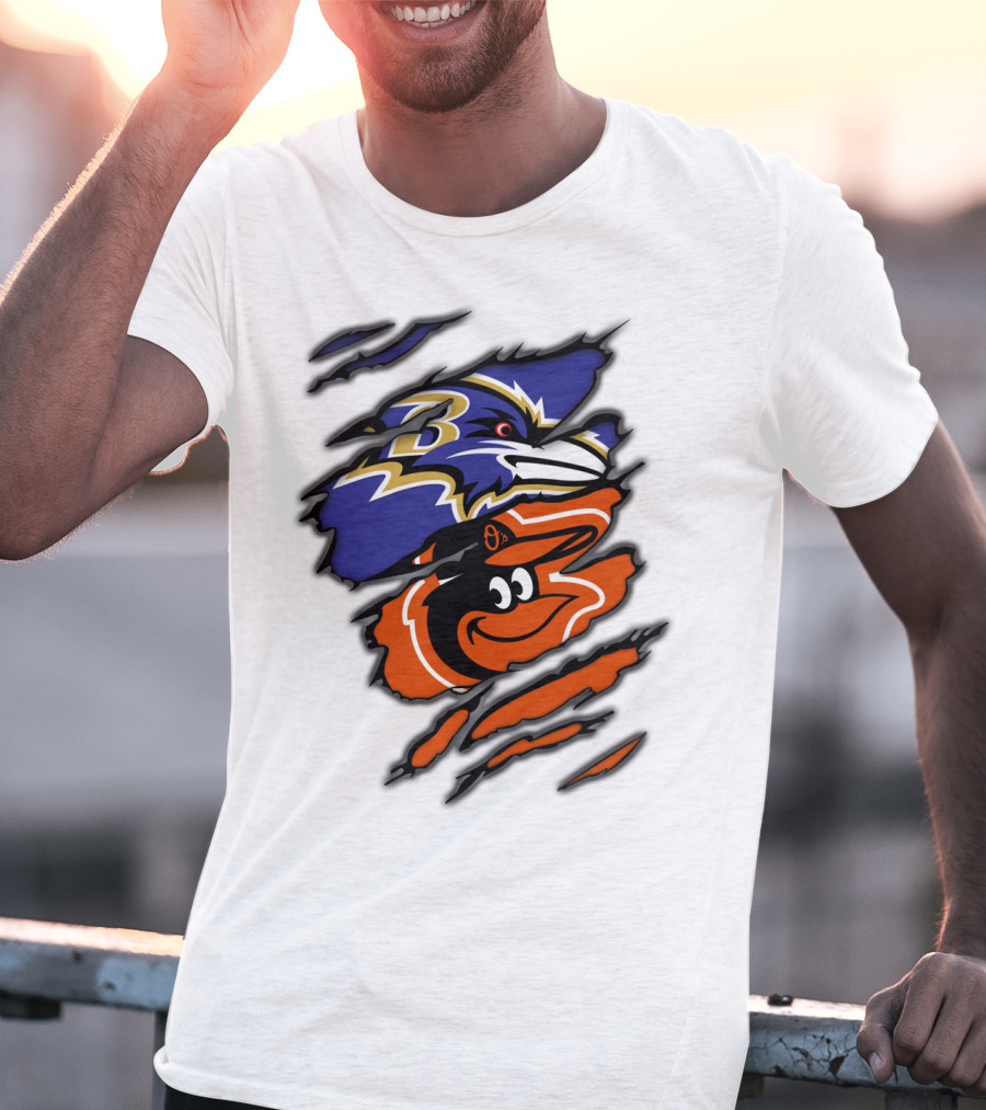 Baltimore Ravens Orioles Logos Ripped T-Shirt