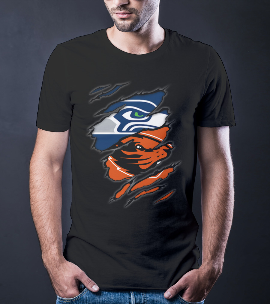 Seahawks Beavers Dual Team Spirit Torn Fusion T-Shirt
