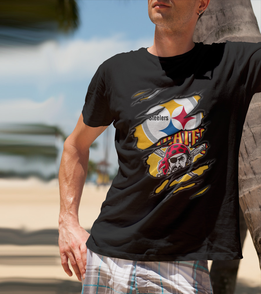 Steelers Pirates Logo Mashup Ripped Effect T-Shirt