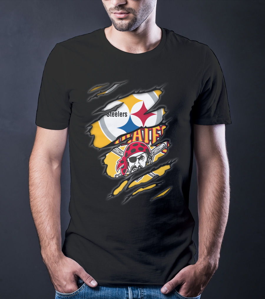Steelers Pirates Logo Mashup Ripped Effect T-Shirt