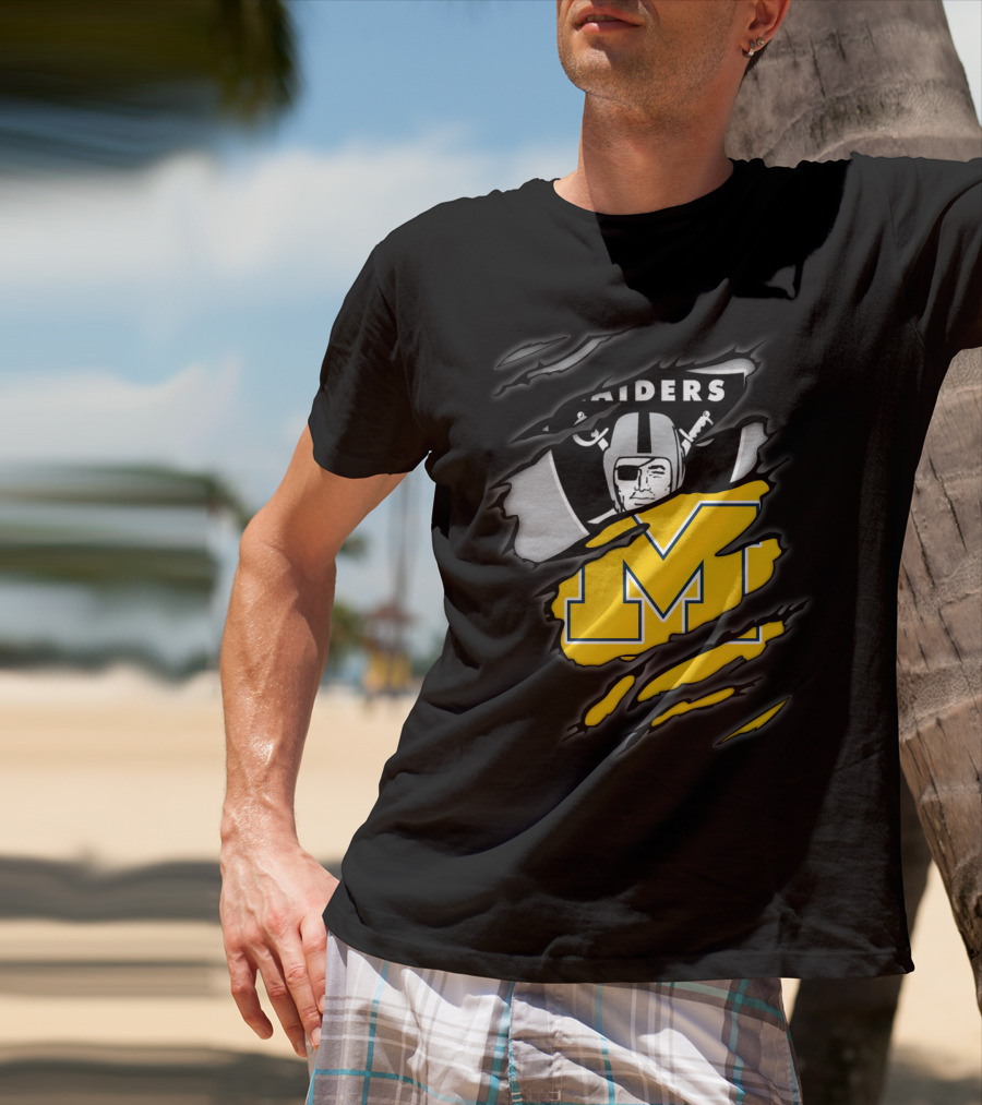 Raiders Oakland Helmet With Michigan Block M Fusion T-Shirt