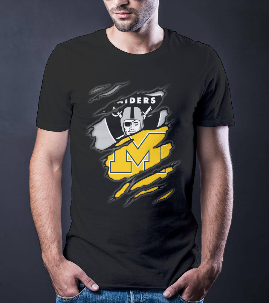 Raiders Oakland Helmet With Michigan Block M Fusion T-Shirt
