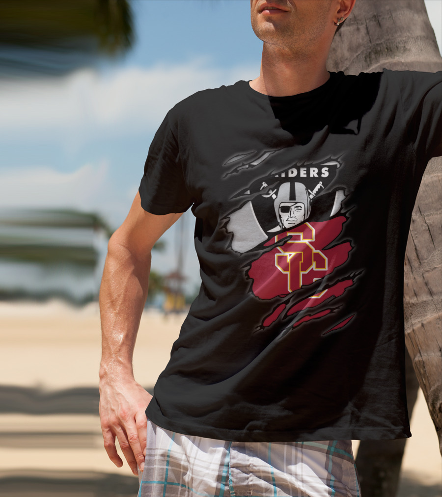 Raiders Trojans USC Los Angeles Football Torn Effect Logo Mix T-Shirt