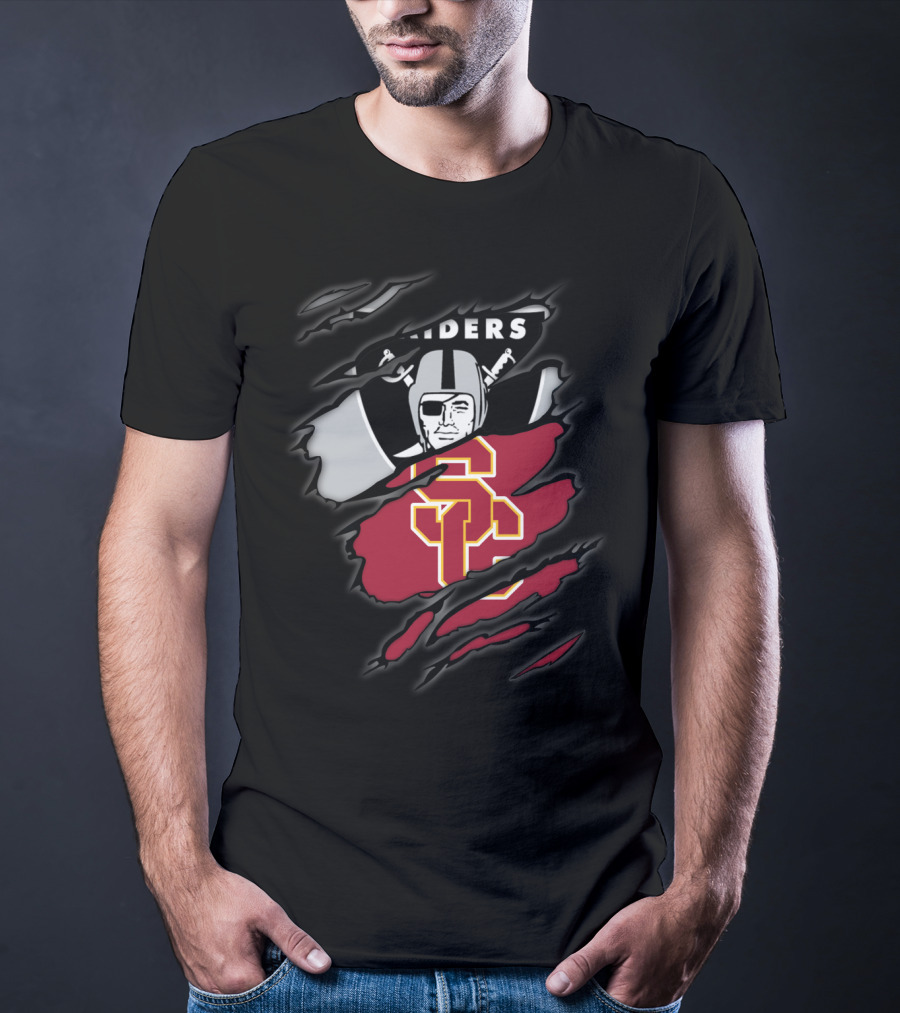 Raiders Trojans USC Los Angeles Football Torn Effect Logo Mix T-Shirt