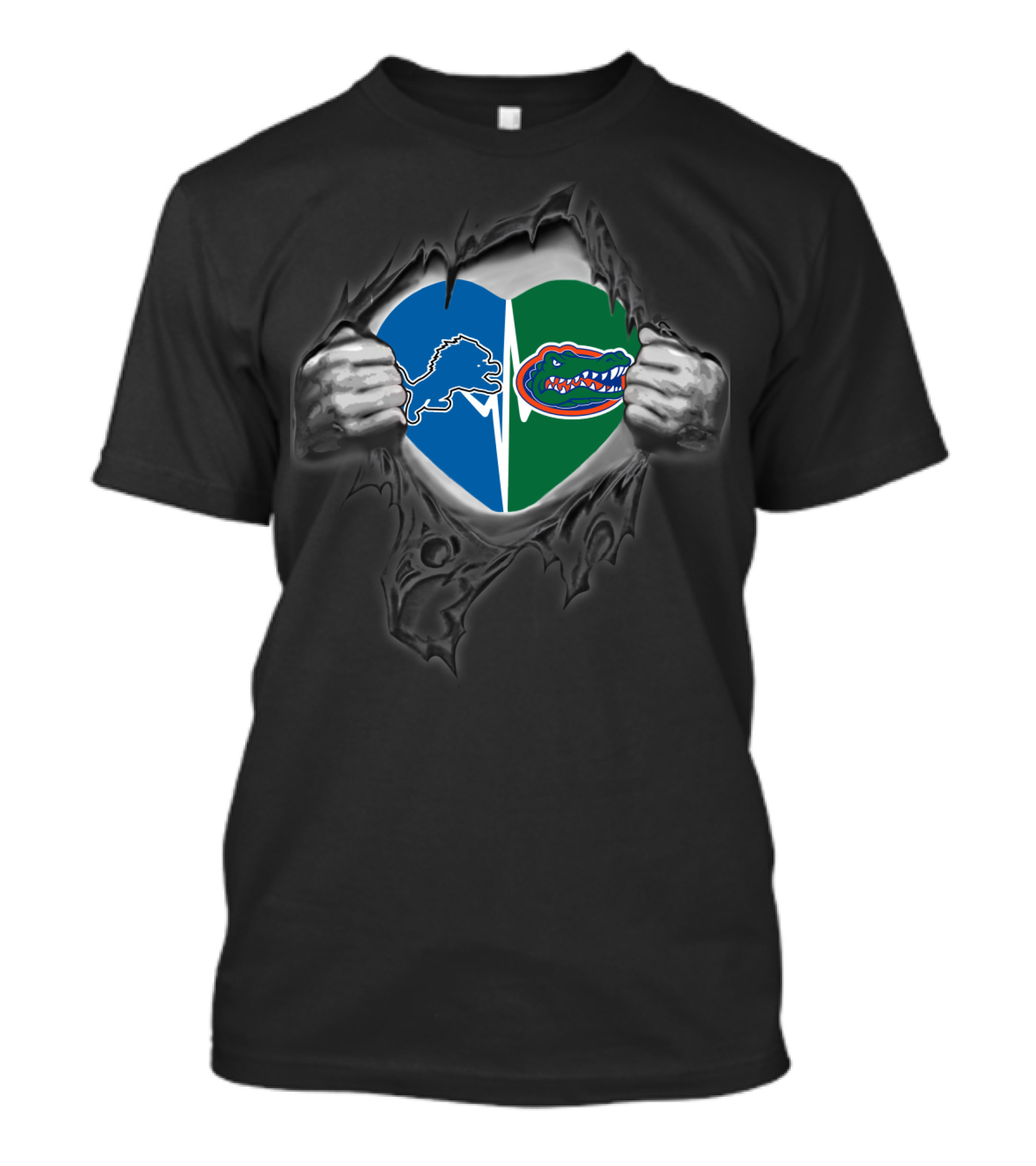Lions Gators Heart Logos Pulled Apart T-Shirt
