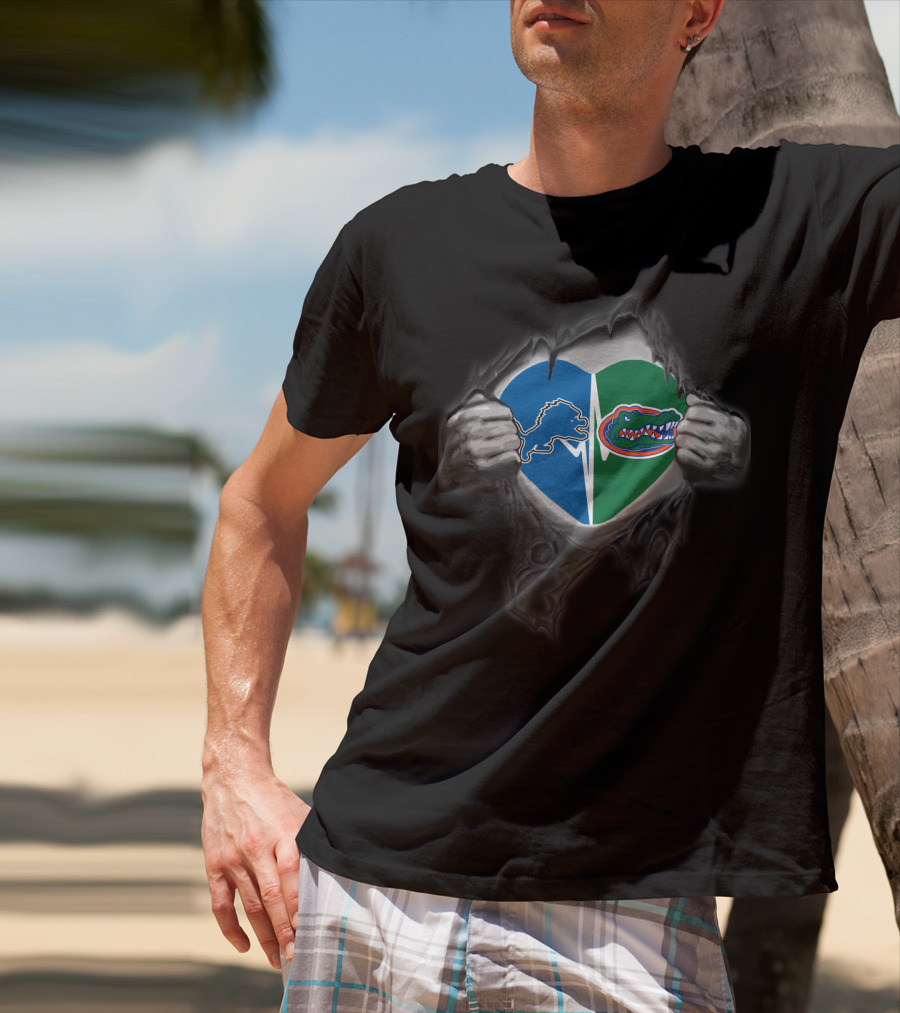 Lions Gators Heart Logos Pulled Apart T-Shirt