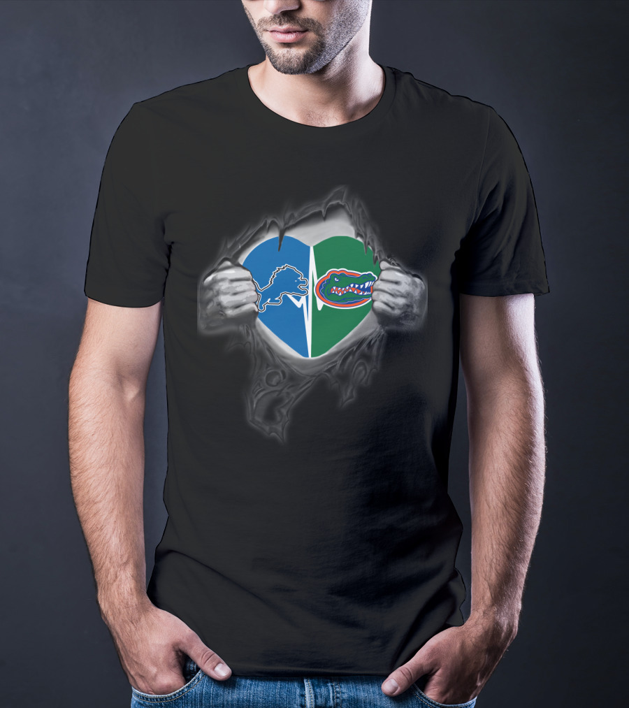 Lions Gators Heart Logos Pulled Apart T-Shirt