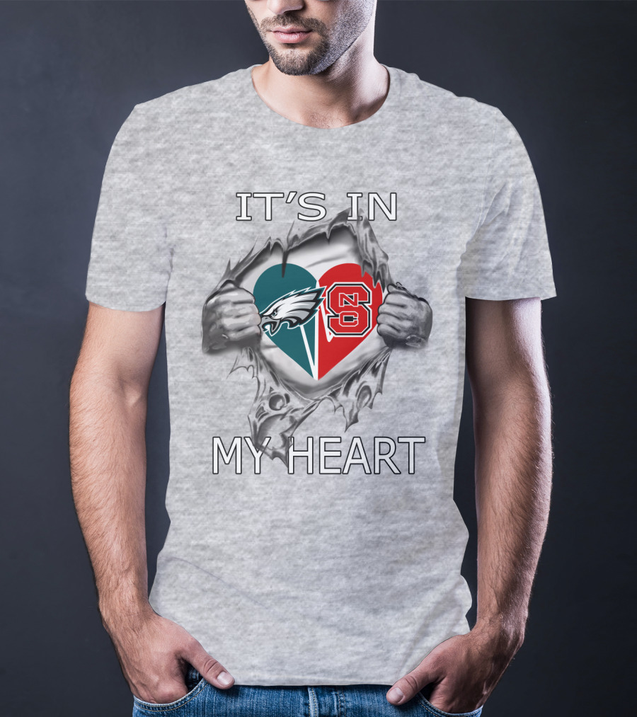 It's IN My Heart Philadelphia Eagles NC State Logo Heart Gray Background T-Shirt