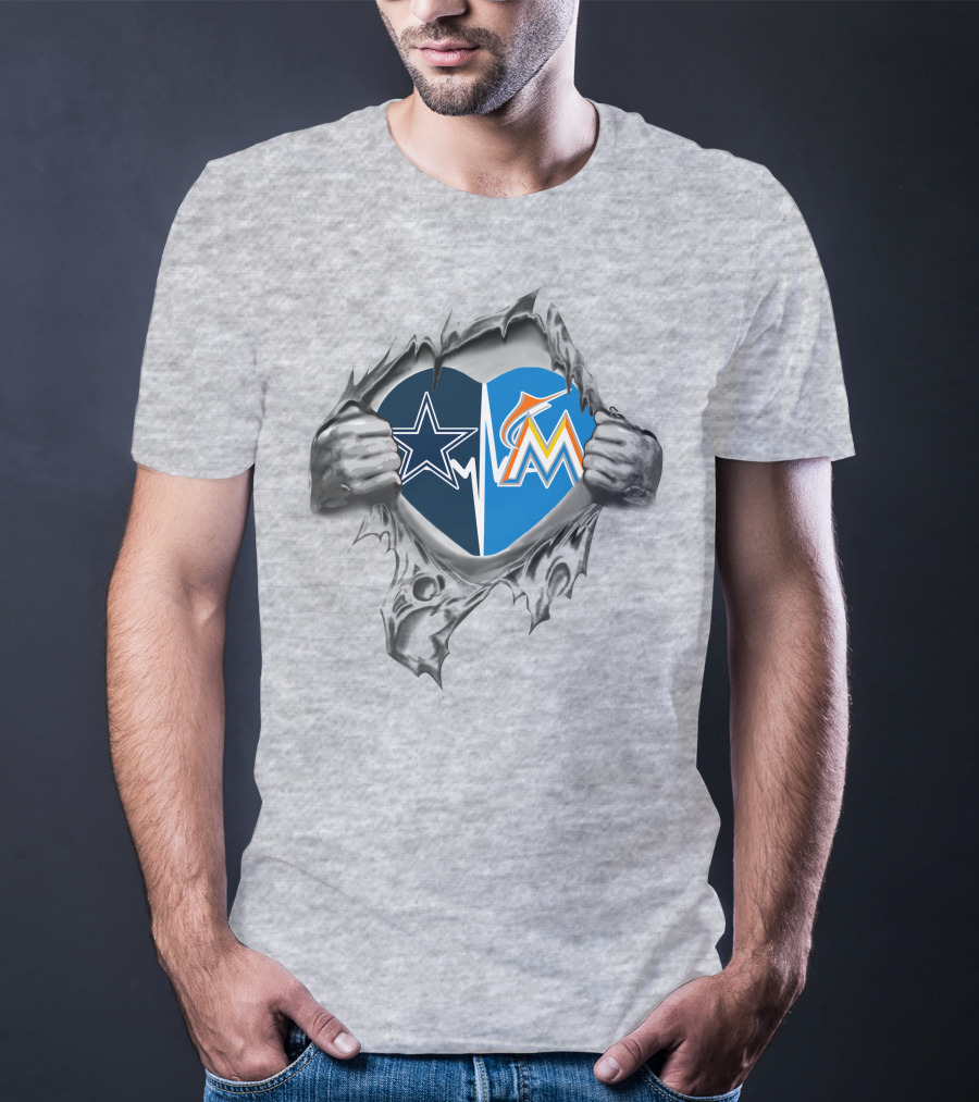 Cowboys Marlins Heart Design With Team Logos And Ripped Effect T-Shirt