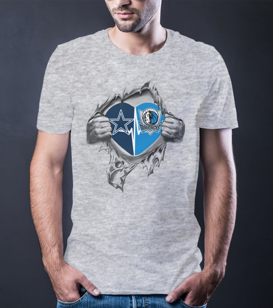 Cowboys Mavericks Heart Design With Split Logos And Torn Hands T-Shirt