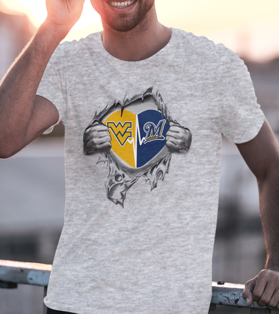 West Virginia Mountaineers Milwaukee Brewers Heart Inside Torn T-Shirt