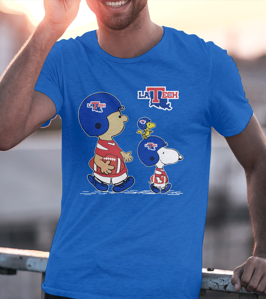 LA Tech Snoopy Football Helmet With Woodstock And Charlie Brown T-Shirt