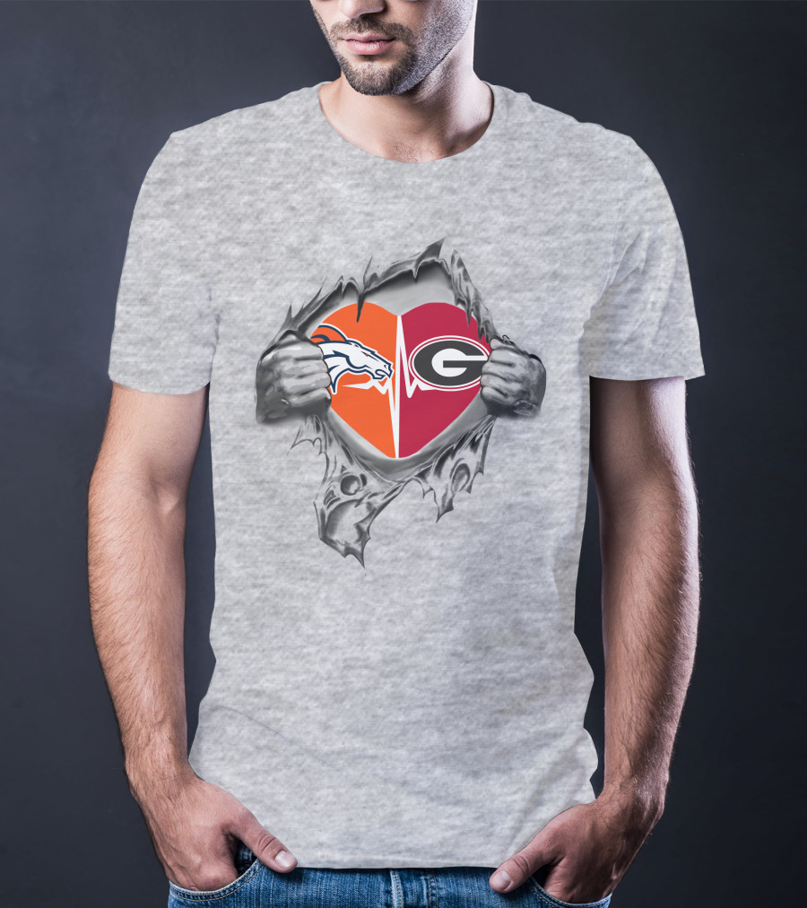 Broncos And Bulldogs Heart With Denver And Georgia Logos In Torn Steel T-Shirt
